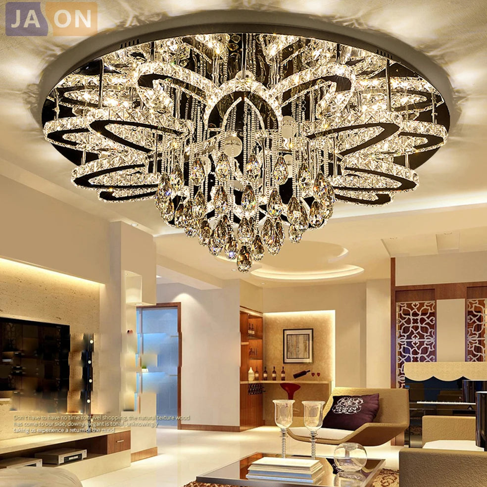 LED Modern Crystal Stainless Steel Round Dimmable RGB Chandelier Lighting Lamparas De Techo For Foyer