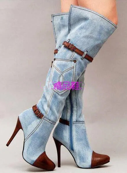 2024 Spring contrast color denim boots light blue color side zip buckles strap stiletto heels women knee boots plus size 35-43