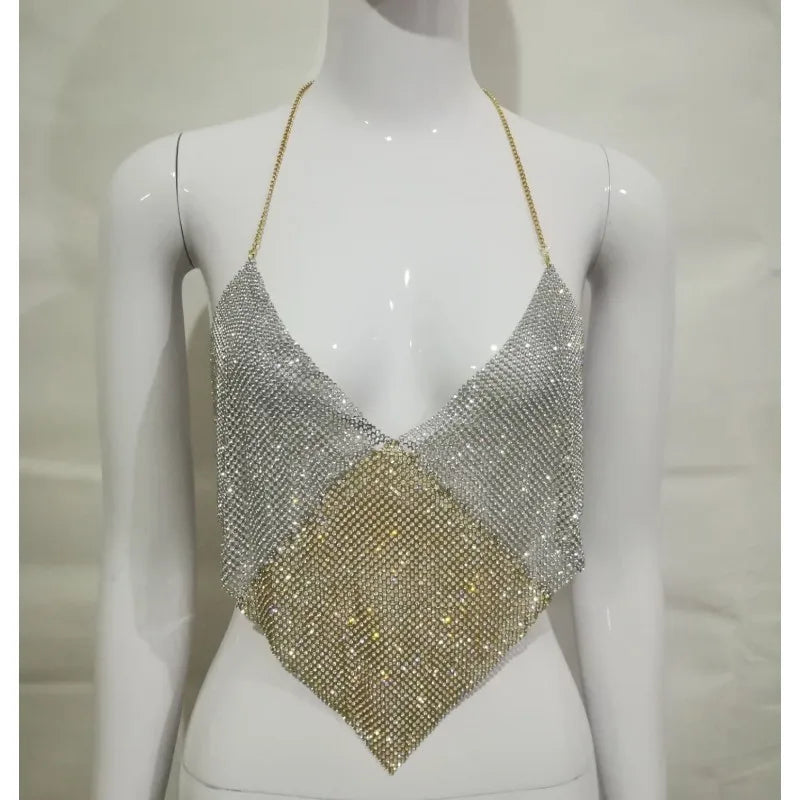 Gold/Silvery Color Sexy Backless Crop Top Femme V Neck Camis Halter Hollow Out Sexy Summer Spring Tanks Party Sexy Tops for Women Clubwear EYX611