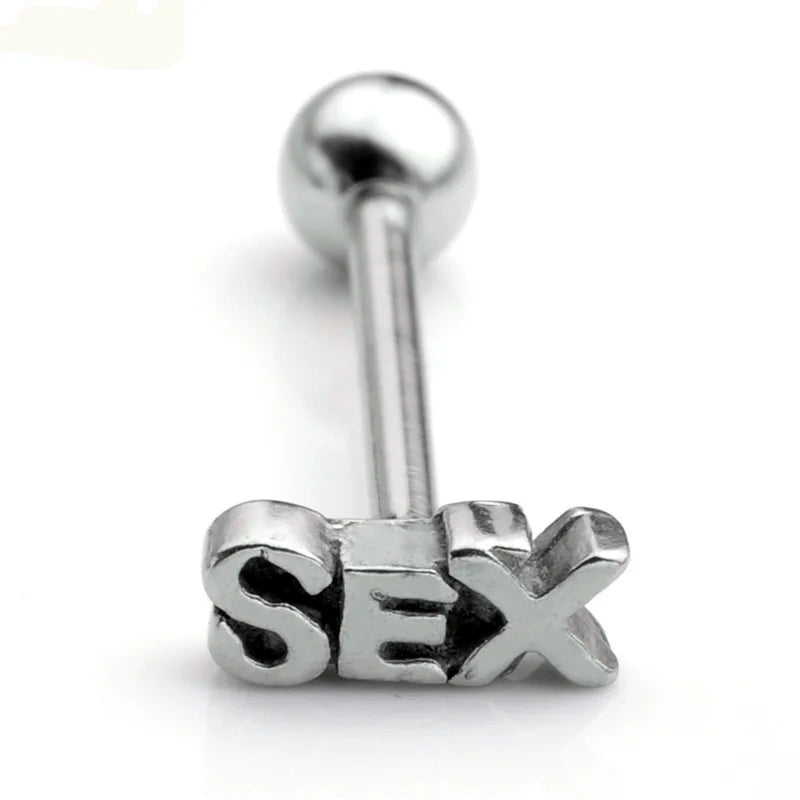 NEW Arrivals  1piece Sex Letter Tongue Rings Stainless Steel Bar Tongue Piercing Labret Lip Ring Punk Body Jewelry