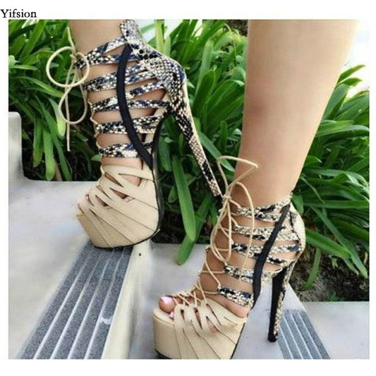 Women Platform Sandals Sexy Snakeskin Stiletto High Heels Sandals Peep Toe White Apricot Shoes Women US Plus Size 5-15