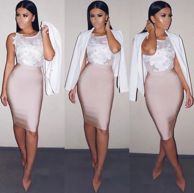 S-2XL Black/Beige Color Luxury Women Solid Nude Sexy Tight  Bandage Midi Skirt Knitted Sweet Designer Bodycon Pencil Skirt Evening Business Dinner Office Lady Clothing Supplies.
