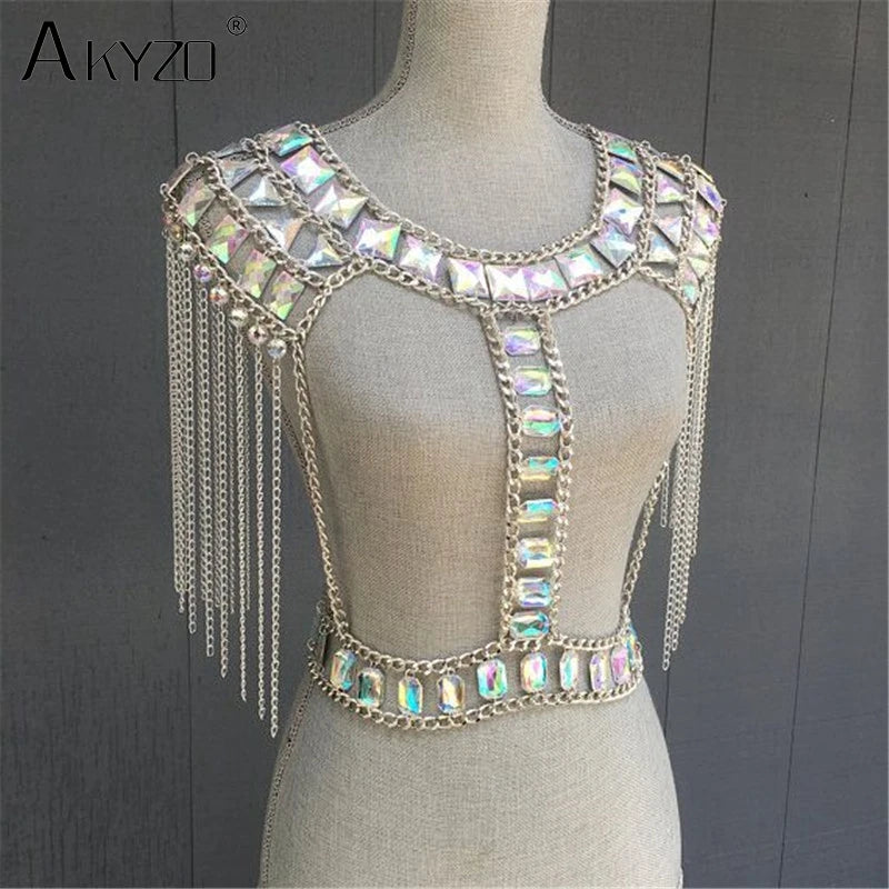 NEW Arrivals 2PCS Set Sexy Crystal Sequin Women Festival Outfits Handmade Patchwork Metal Tassel Chain Crop Top Women's Set