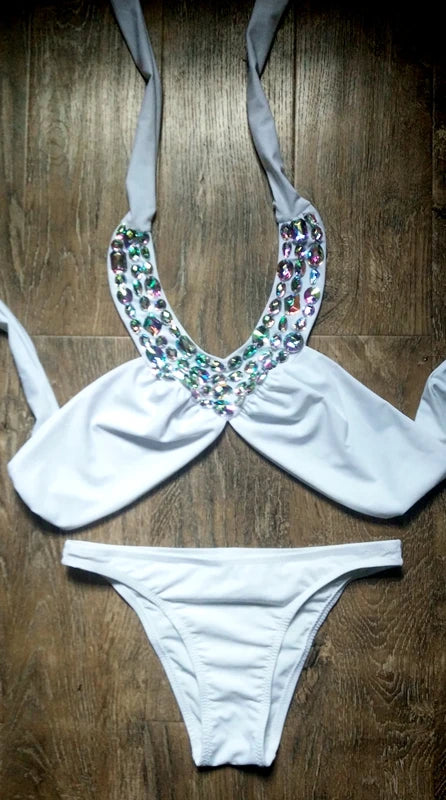 NEW Arrivals Latest Women Sexy Crystal Rhinestone Swimsuit High Halter Bikini Diamond Swimwear Girls Ladies Luxury Beach Wear