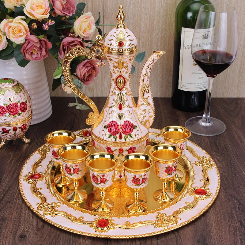 New Arrival 8 Colors Elegant Golden White Wine Set Court Wine Jug Cups Plate Set Home Bar Exquisite Decor