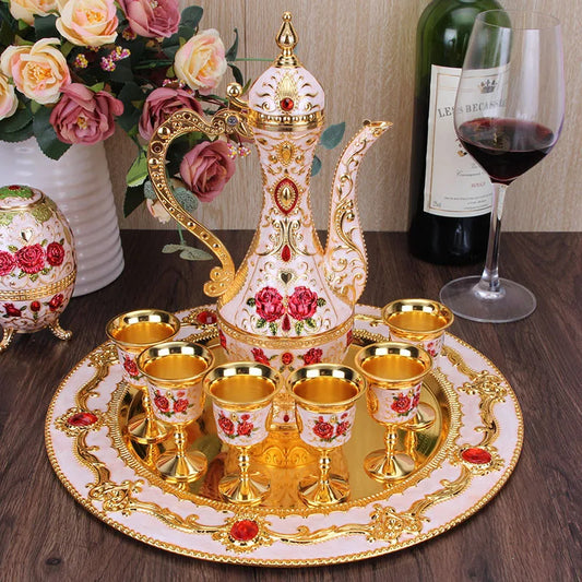 New Arrival 8 Colors Elegant Golden White Wine Set Court Wine Jug Cups Plate Set Home Bar Exquisite Decor