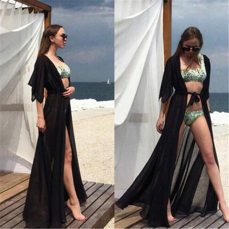 Summer Lady Beach Cover Up Sexy Bikini Chiffon Long Dress For Women Solid Beach Dress Women Bathing Suit Beach Tunic Kaftan