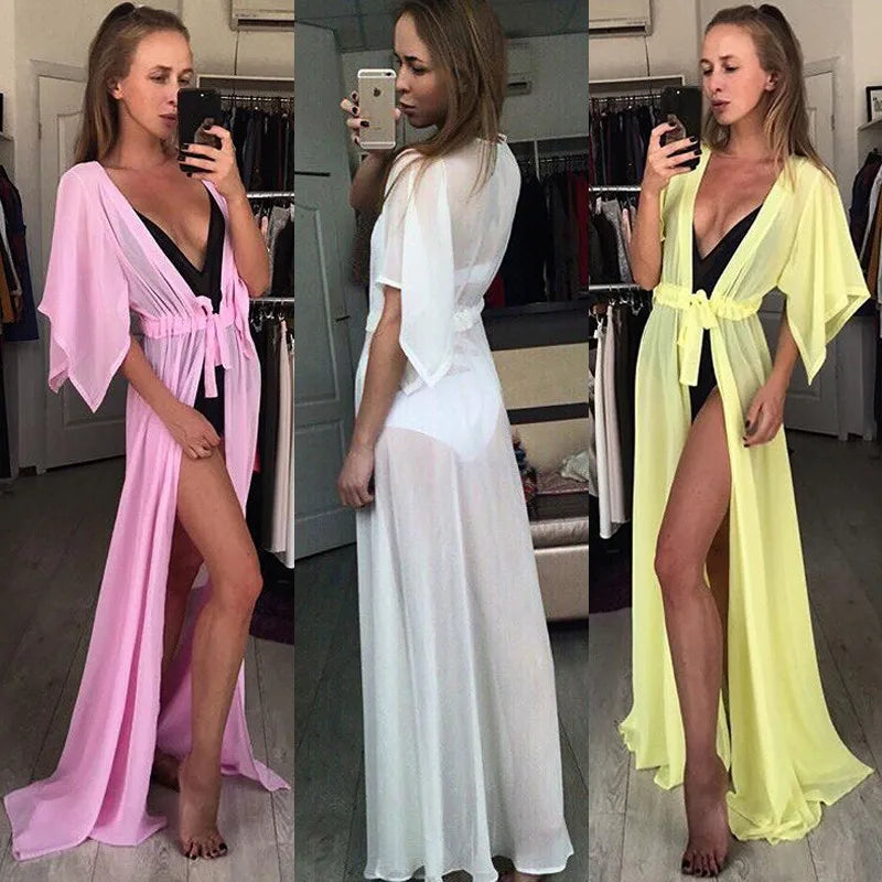 Summer Lady Beach Cover Up Sexy Bikini Chiffon Long Dress For Women Solid Beach Dress Women Bathing Suit Beach Tunic Kaftan