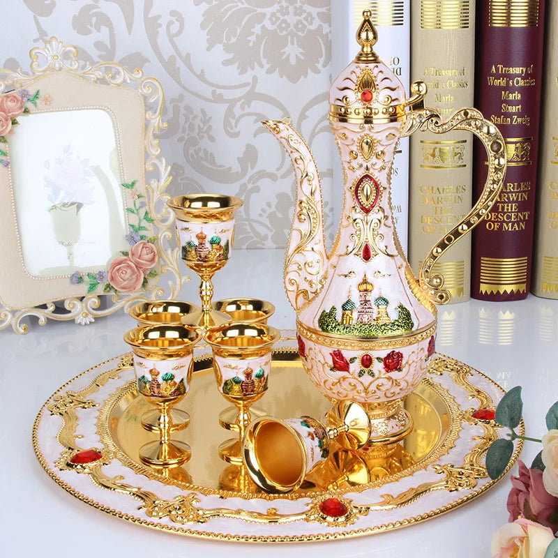 New Arrival 8 Colors Elegant Golden White Wine Set Court Wine Jug Cups Plate Set Home Bar Exquisite Decor