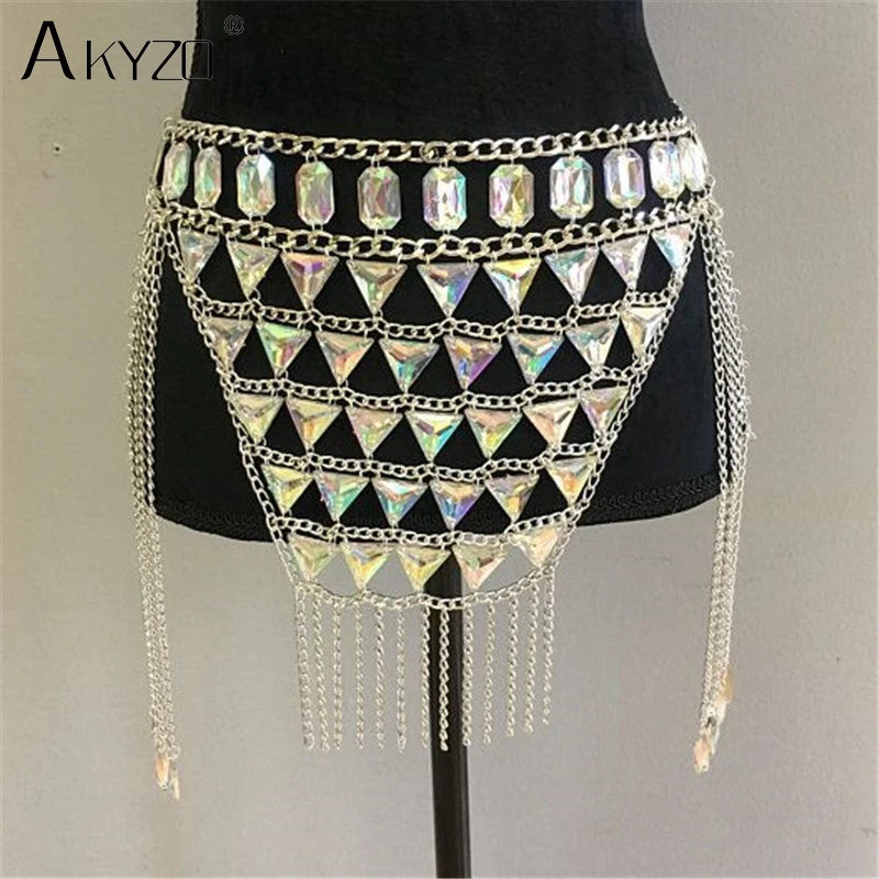 NEW Arrivals 2PCS Set Sexy Crystal Sequin Women Festival Outfits Handmade Patchwork Metal Tassel Chain Crop Top Women's Set