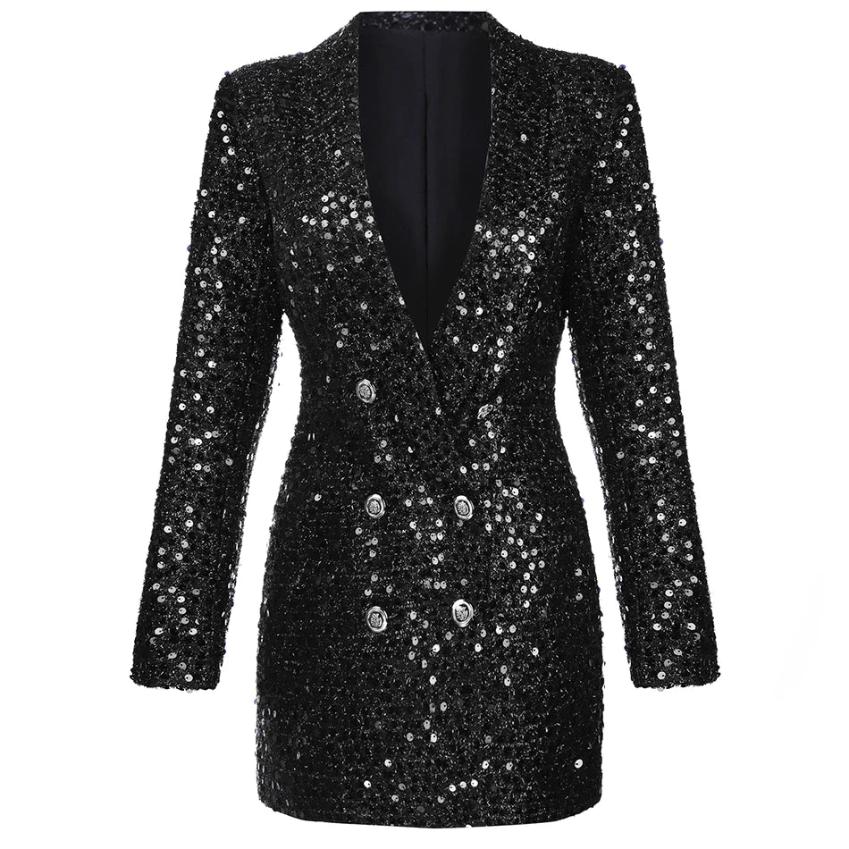 High Quality Fashion  Designer Blazer Women Double Lion Buttons Shawl Collar Glitter Sequined Long Runway Black Blazers