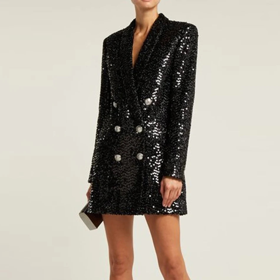 High Quality Fashion  Designer Blazer Women Double Lion Buttons Shawl Collar Glitter Sequined Long Runway Black Blazers