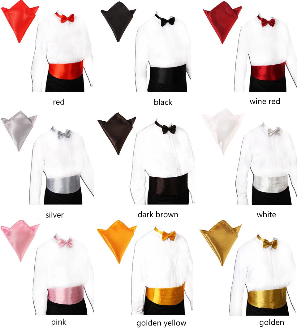 3 PCS Set 17 Colors Men's Luxury Tuxedo Satin Cummerbund Sets Pocket Square Hanky Bow Tie Tuxedo Wedding Men's Formal Papillon Sash Wide Belts Ceremonial Belt Male Luxury Apparel Sets