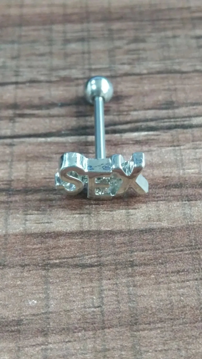 NEW Arrivals  1piece Sex Letter Tongue Rings Stainless Steel Bar Tongue Piercing Labret Lip Ring Punk Body Jewelry