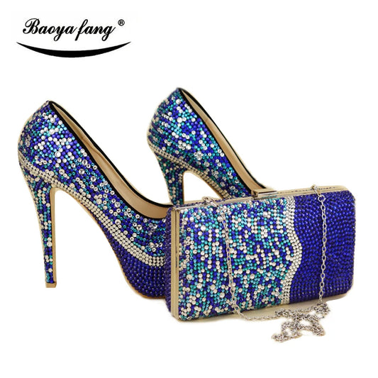 NEW Luxury Royal Blue Mix Silver Crystal Wedding Shoes Sets with Matching Bags Women High Pumps Round Toe Evening Party Night Business Dinner Shoes Female Ladies Luxury Fashion Apparel Accessories Clothing Products