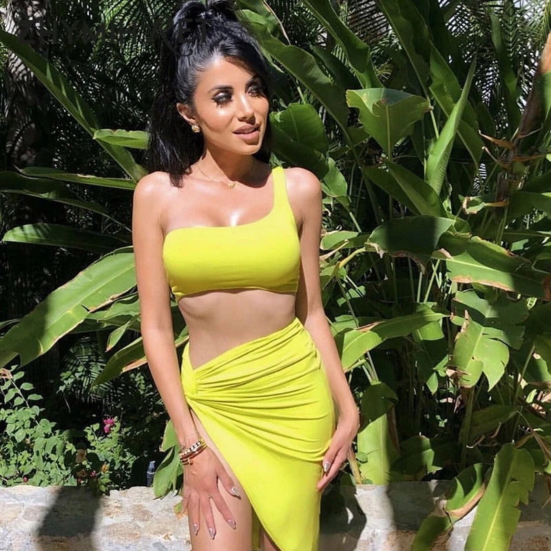 BRAND NEW 2 PCS Set 4 Colors Sexy One Shoulder Crop Tops Rushed Dress  Women Neon Color Sexy Side Split Summer Beach Ladies Suit