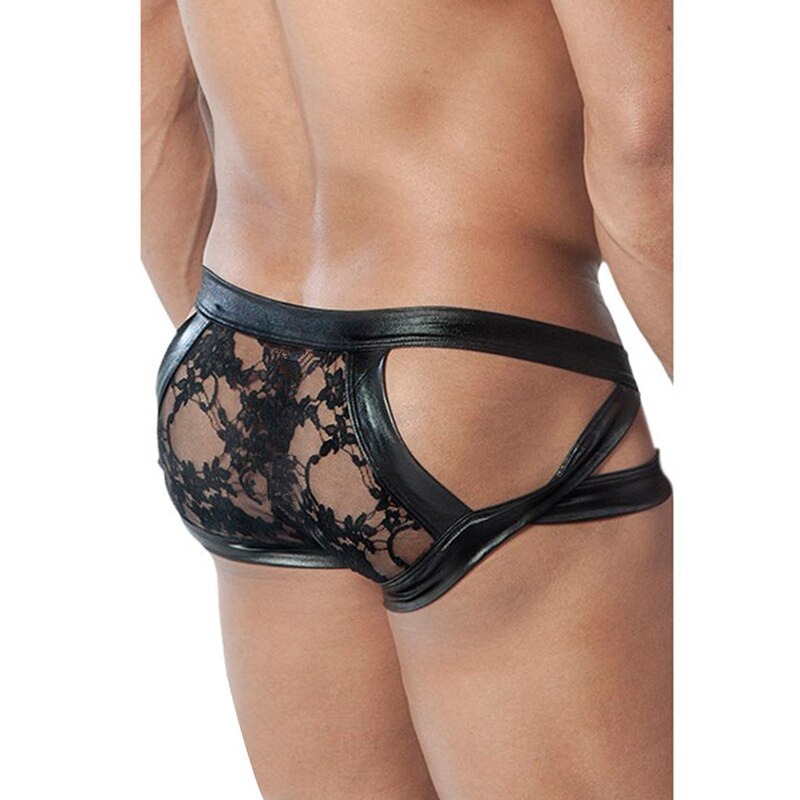 Cuecas Gay Leather Sexy Mens Underwear Black Transparent Sissy Panties Open Back Floral Shorts Slip Mens Low Rise Briefs MP052