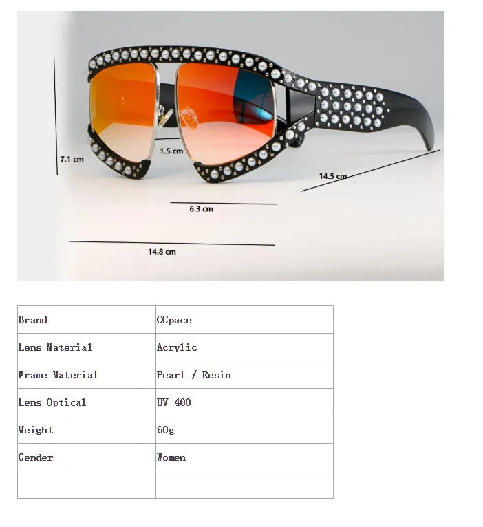 Luxury Space 45448 Goggles Sunglasses Women Luxury Shades Pearl Glasses Frame Red Mirror Glasses Oversized UV400 Brand Glasses Female Eyewear Supplies Sunglasses Products