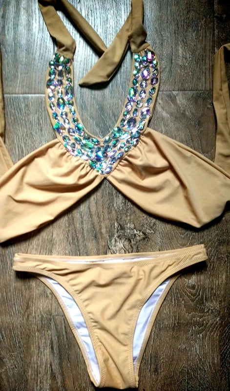 NEW Arrivals Latest Women Sexy Crystal Rhinestone Swimsuit High Halter Bikini Diamond Swimwear Girls Ladies Luxury Beach Wear