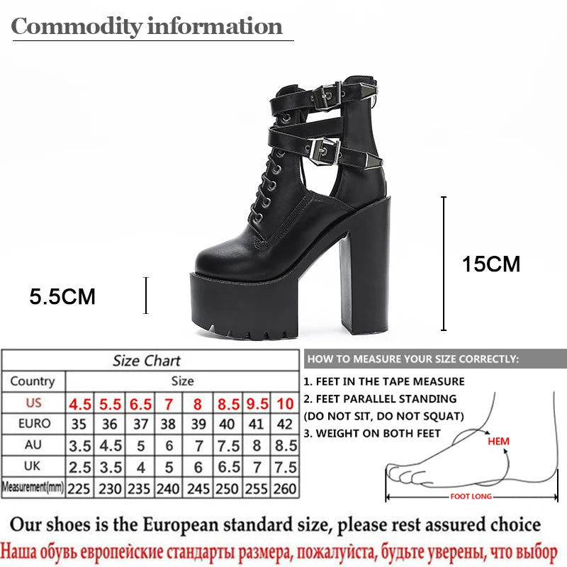 Gdgydh Ankle Buckle Strap Womens Block Heels Platform Boots Nightclub Party Shoes High Heels Hollow Out Goth Short Boots Zipper