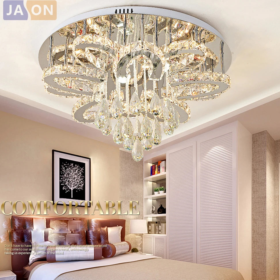 LED Modern Crystal Stainless Steel Round Dimmable RGB Chandelier Lighting Lamparas De Techo For Foyer