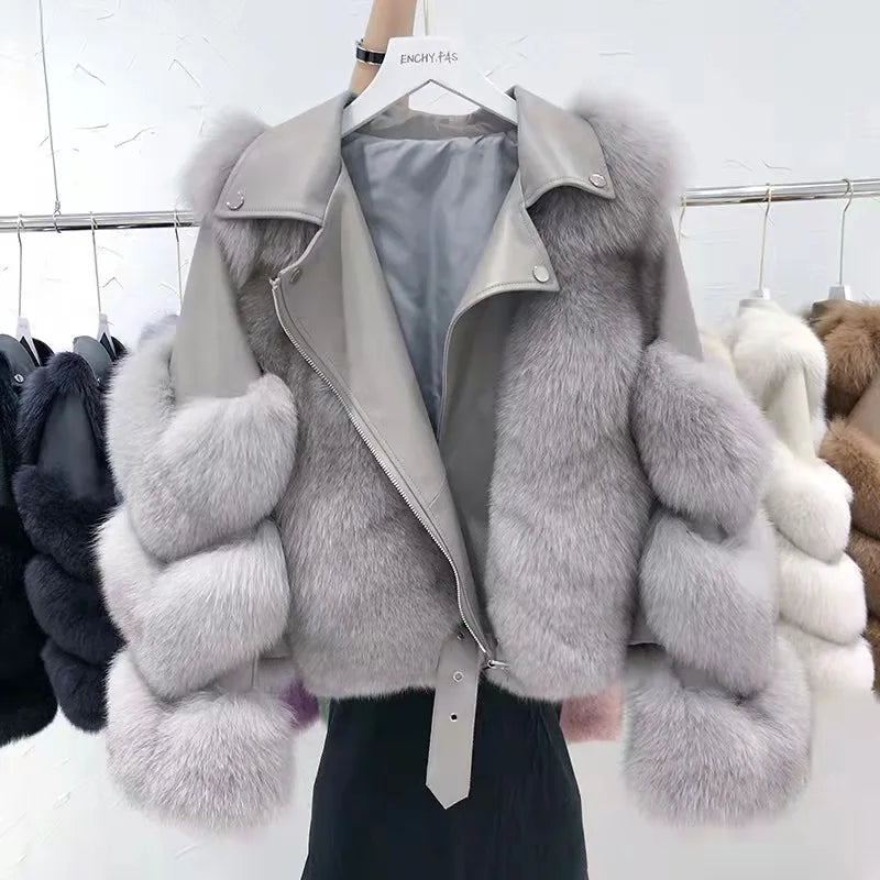 5 Colors Women High Level  Real Fox Fur Coat Sheepskin Leather  New Fashion  Winter Natural Evening Party Luxury Formal Clothes Women Outerwear Short Jackets