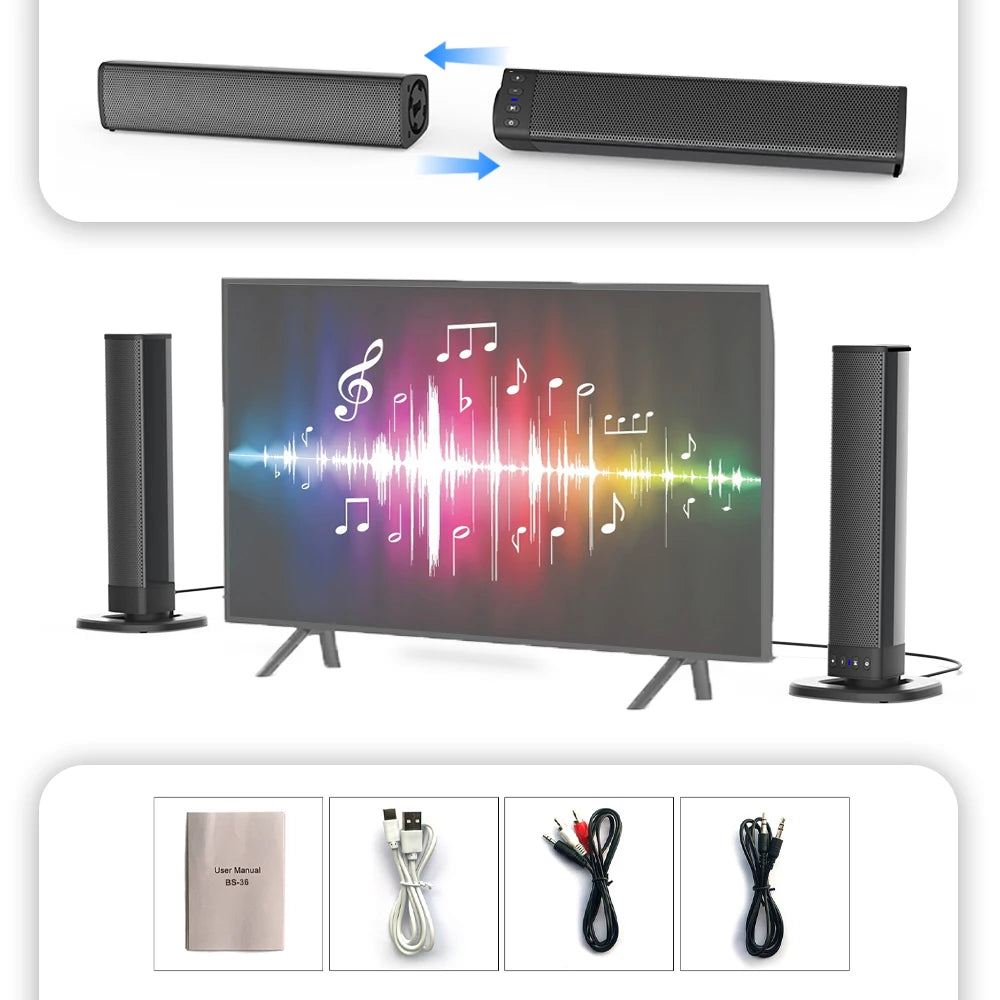 Home Theater Indoor Outdoor BS36 Bluetooth Speaker for Smart TV, Wired Wireless Surround Stereo, 2 in 1 Detachable Soundbar for TV Projector Evening Night Karaoke Party Sound System