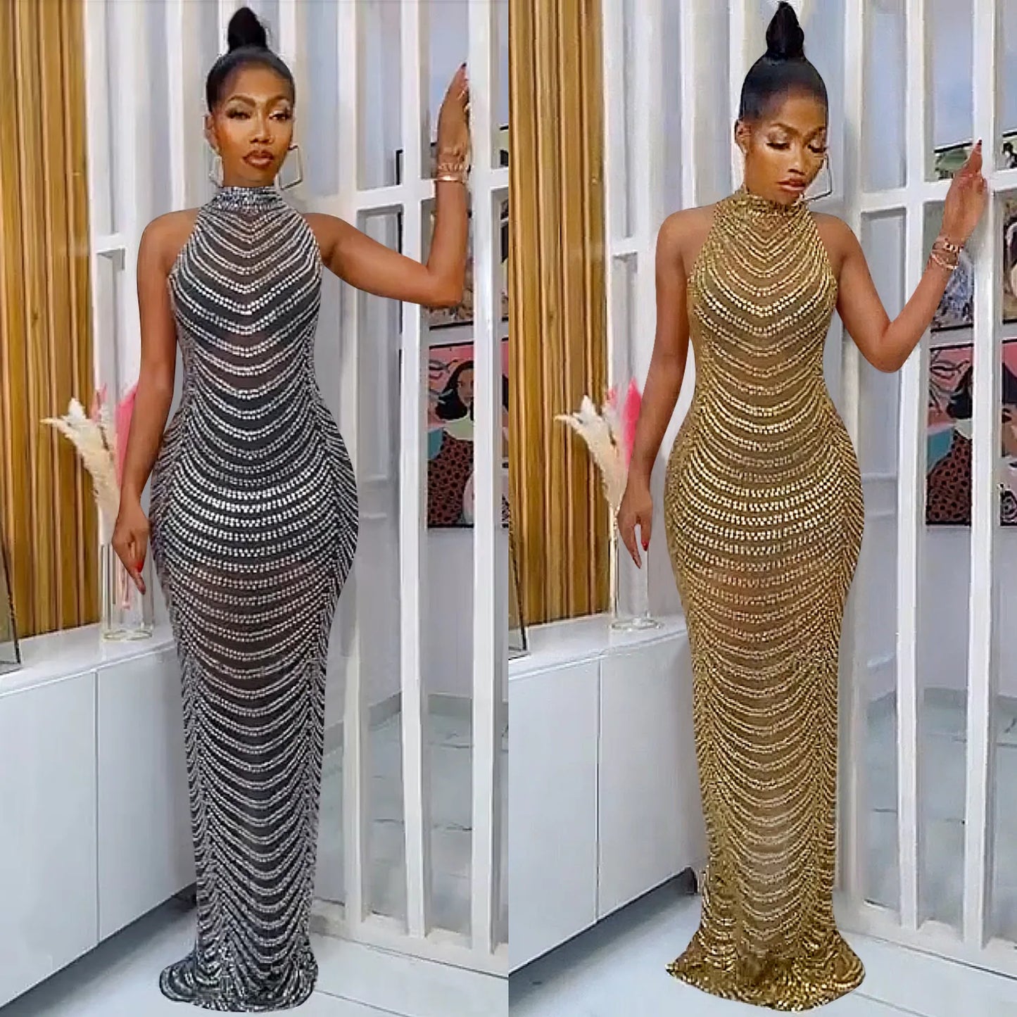 Golden/Black Color Women's Floor-Length Night See Through Evening Luxury Dresses Hot Drill Diamond Beaded Sequin with Natural Waistline Wedding Guest Night Prom Business Dinner Ladies Formal Apparel Supplies