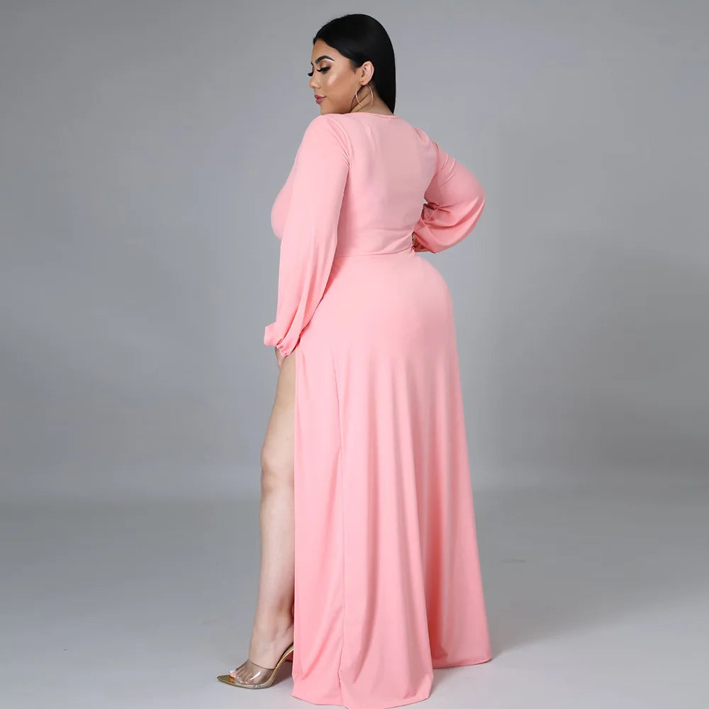 NEW Arrivals XL-5XL Plus Size Elegant Women Lace-Up V-neck Long Sleeve Sexy Plus Size Dresses 5xl Solid Color Split Fork Summer Clothes