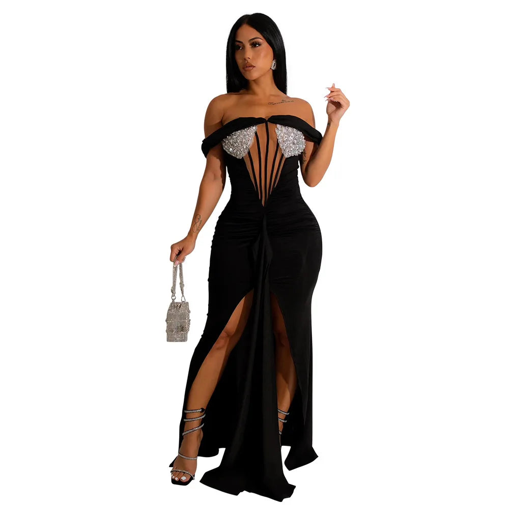 New S-2XL New Products  Elegant Sexy Women Clothing Off Shoulder Sequin Party Prom Irregular Evening Slit Maxi Dress