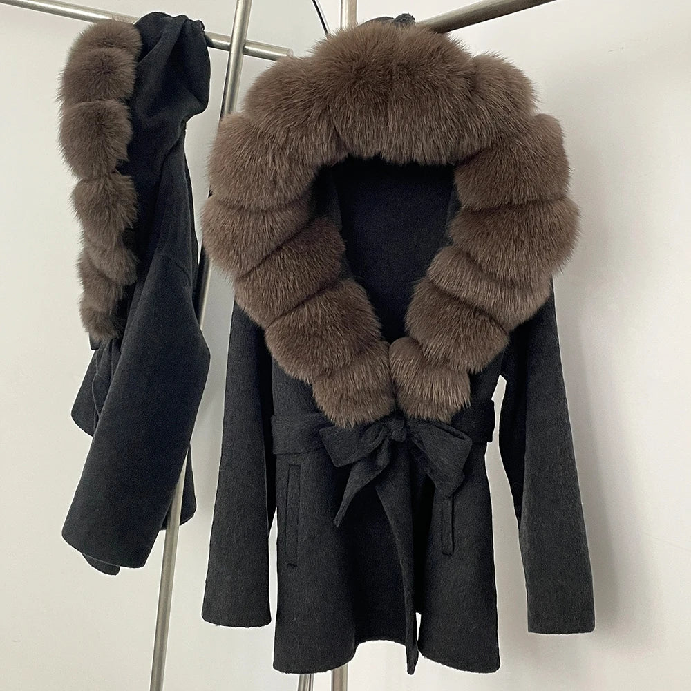 12 Colors Small Medium Size  New Winter Cashmere Wool Blends Women Natural Fox Fur Collar Hooded Slim Fit Suit Double Sided Woolen Trench Coat Women Winter Apparel Supplies