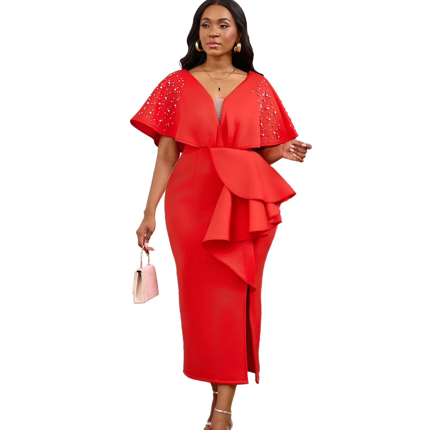 S-3XL Plus Size Women's Latest Design Spring Autumn Summer Sexy Fashion Evening Party Dress Women Sexy V-Neck Ruffle Split Beaded Elegant Evening Dresses Ladies Clothing Supplies