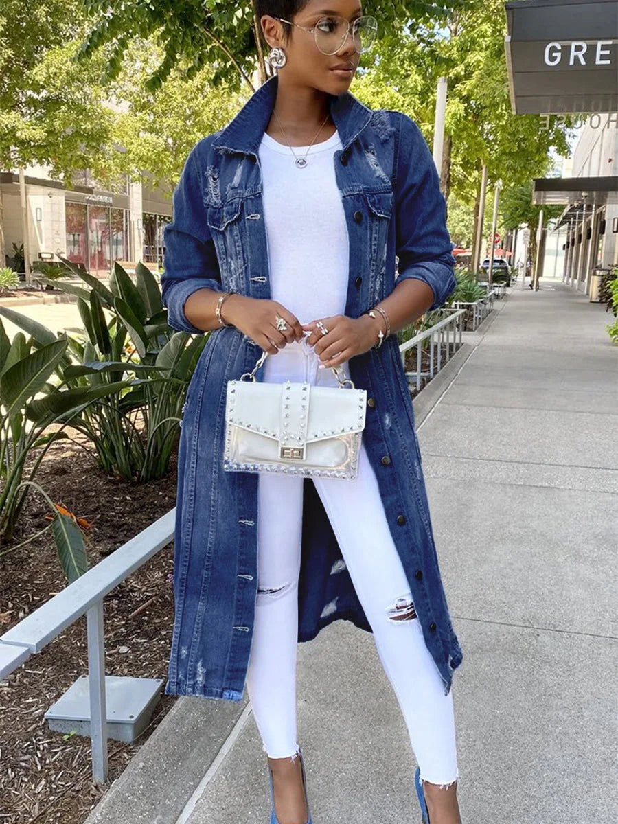 3 Colors S-3XL  Autumn Spring & Winter Long Denim Trench Coat Holes Denim Jackets for Ladies Casual Long Jean Jackets for Women