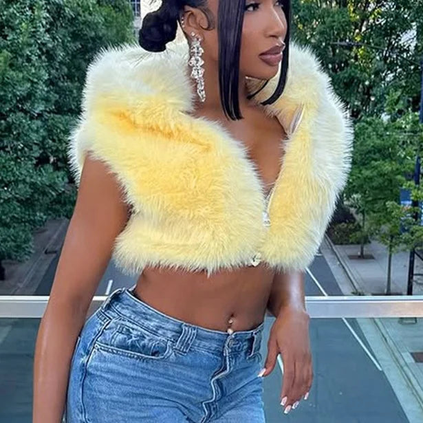Black/Yellow/Purple Color Women's Fashion Solid-Color Fur Zipper Hooded Sleeveless Crop Top Short Vest  Fashion Women Streetwear Casual Apparel Accessories