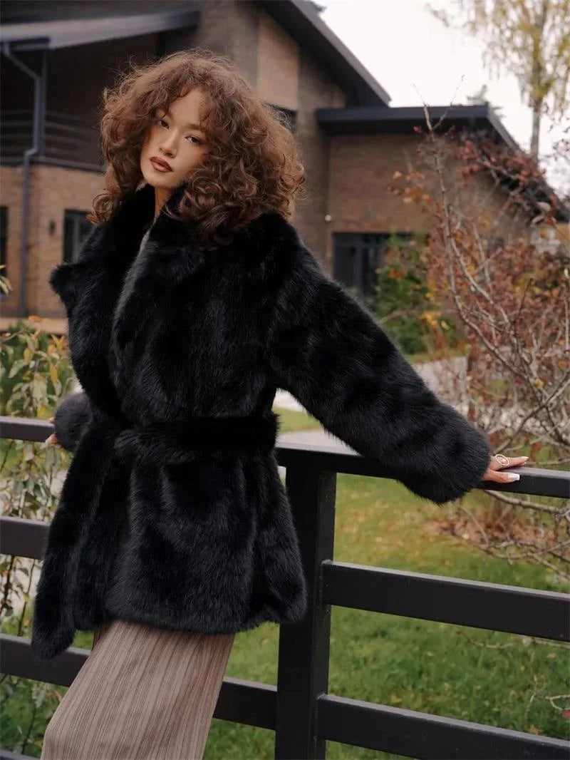 Apricot/Black/Dark Brown Color S-4XL Plus Size Women's Winter Warm  Artificial Fox Fur Coat Oversized Wide Notched Lapel Matching Belted Waist Mid Length Thick Warm Winter Outerwear Jackets Ladies Winter Clothing Supplies