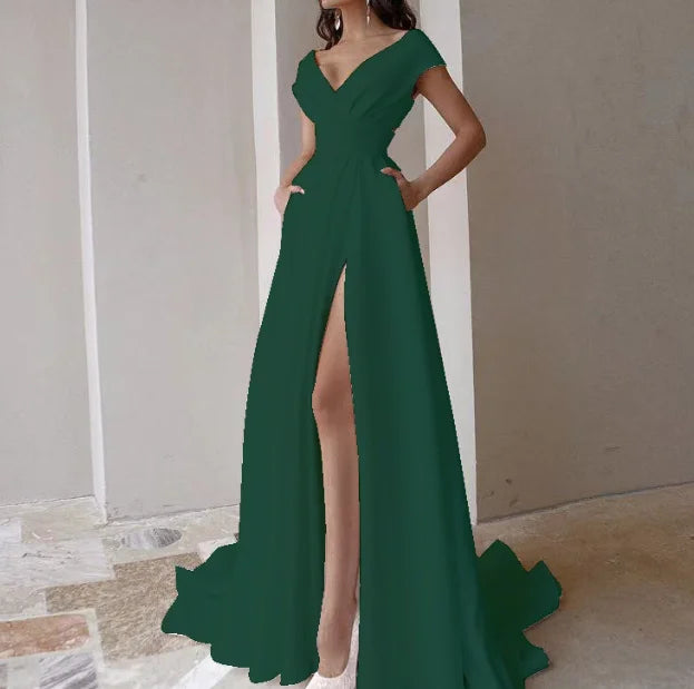 5 Colors Women Sexy V-Neck Evening Party Night Clubwear Long Maxi Dress Solid Elegant Sleeveless High Slit Dress Lady Fashion Off Shoulder Pleated Gown Ladies Sexy Apparel Supplies