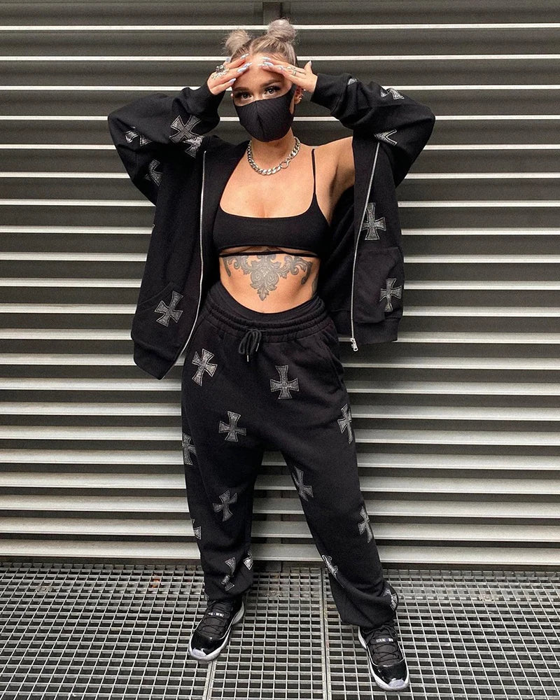Hip Hop Rhinestone Sweatpants Suit Y2k Long Sleeve Zip Up Hoodies Punk Gothic Joggers Sweatshirts Suits Sport Jacket Streetwear