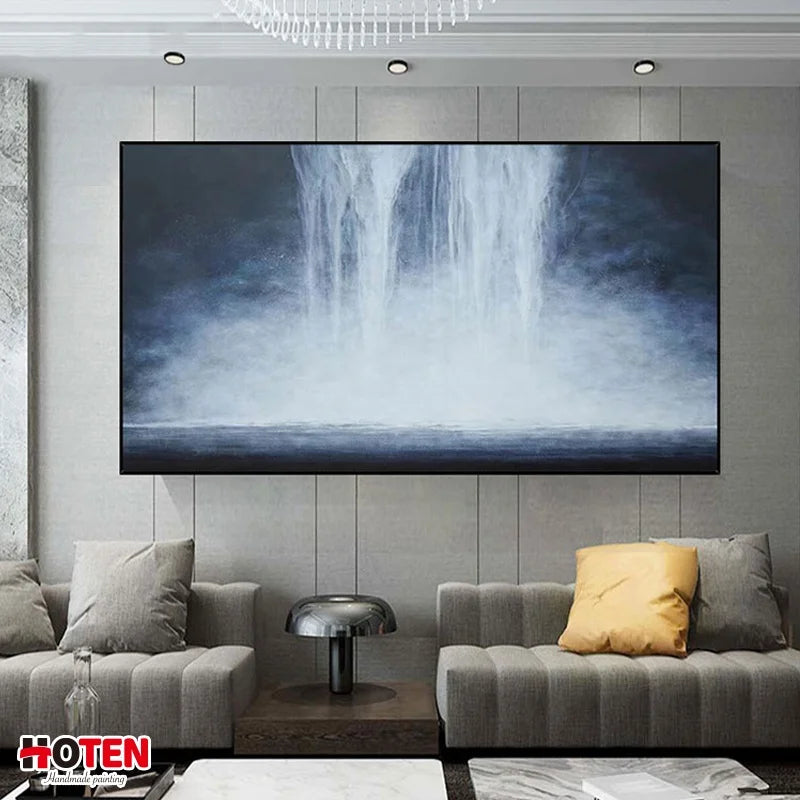 100+% Pure Hand-Painted Home Villa Living Room Original Black and White Abstract Waterfall Oil Painting on Canvas Banner Elegant Seascape Decorative Art Creative Home Gallery Products