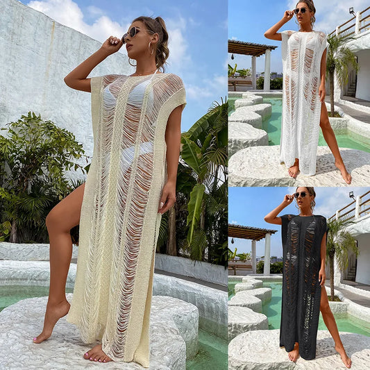 New Crochet Hollow Out Tassel Bikini Cover-ups Long  Tunic Casual Summer Beach Dress Women Beach Wear Swim Suit Cover Up