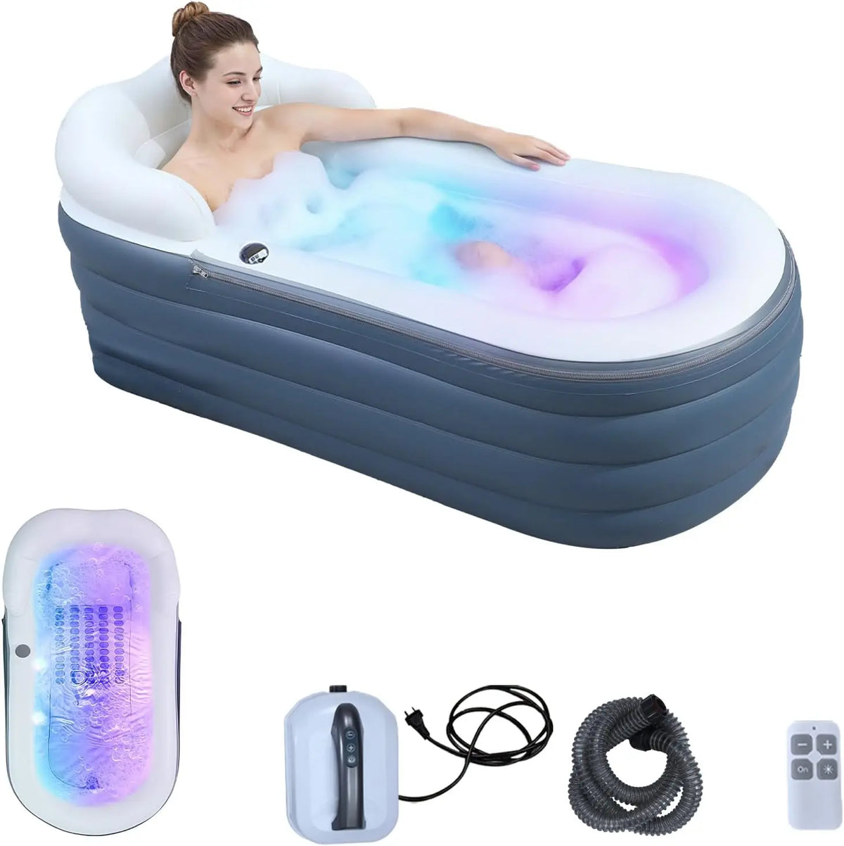 Inflatable PVC Bathtub Bubble Massage Mat Air Pump Remote Control Portable Outdoor Home Spa Bath Hot Tub Ice Bath Cold Plunge Jacuzzi Bathtub Fitness Recovery Health Care Supplies