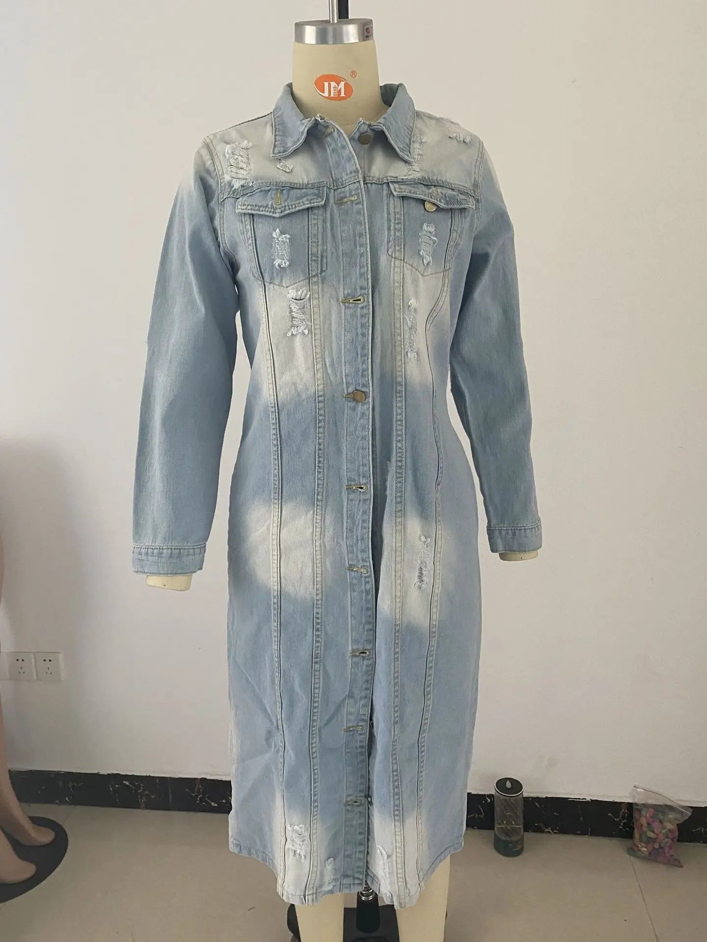 3 Colors S-3XL  Autumn Spring & Winter Long Denim Trench Coat Holes Denim Jackets for Ladies Casual Long Jean Jackets for Women