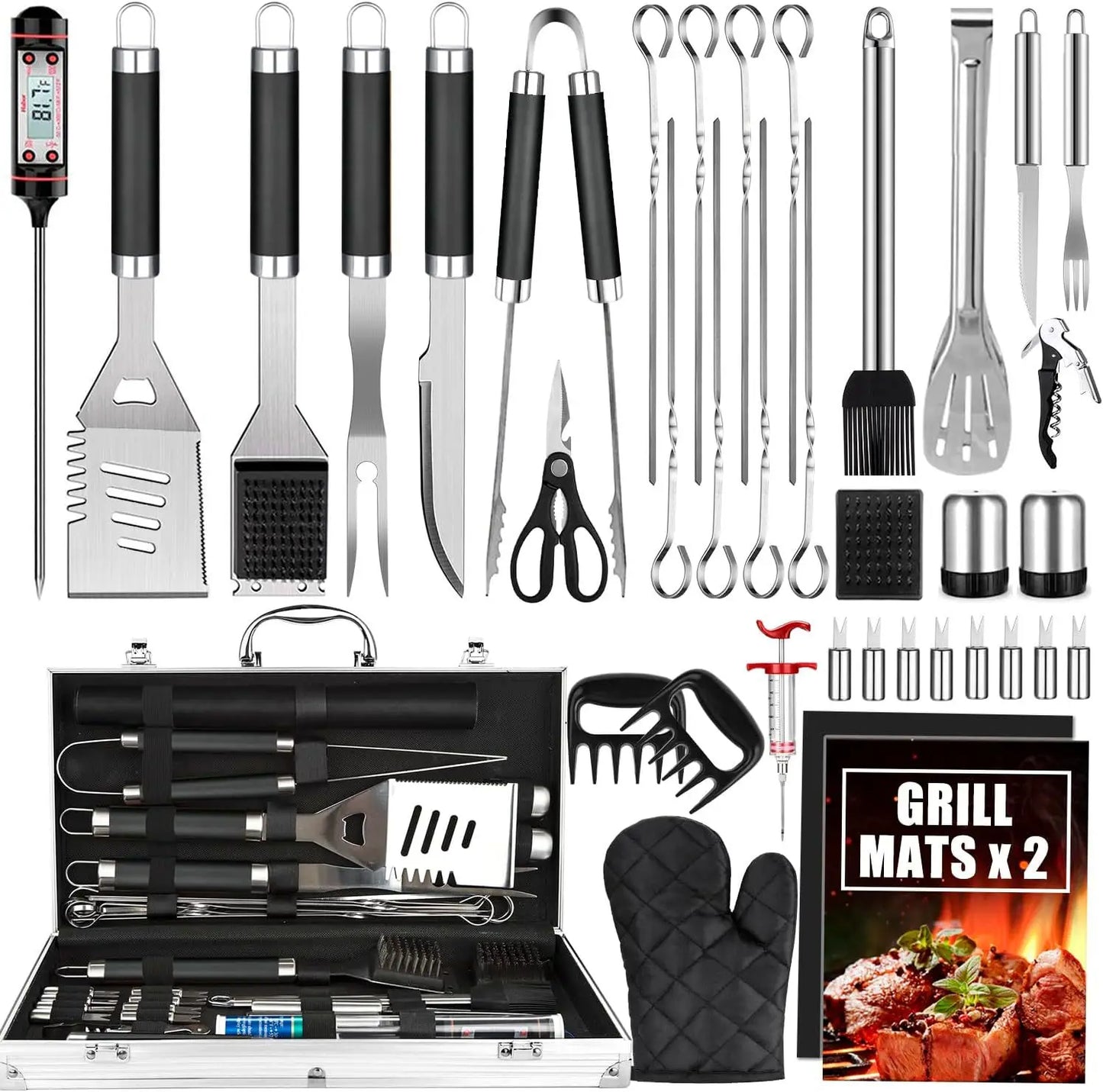 38 PCS Set Stainless Steel BBQ Camping Grill Tool Set with Wooden Handles and Skewers Aluminum Box for Outdoor Picnic & Baking Cooking Tools Sets