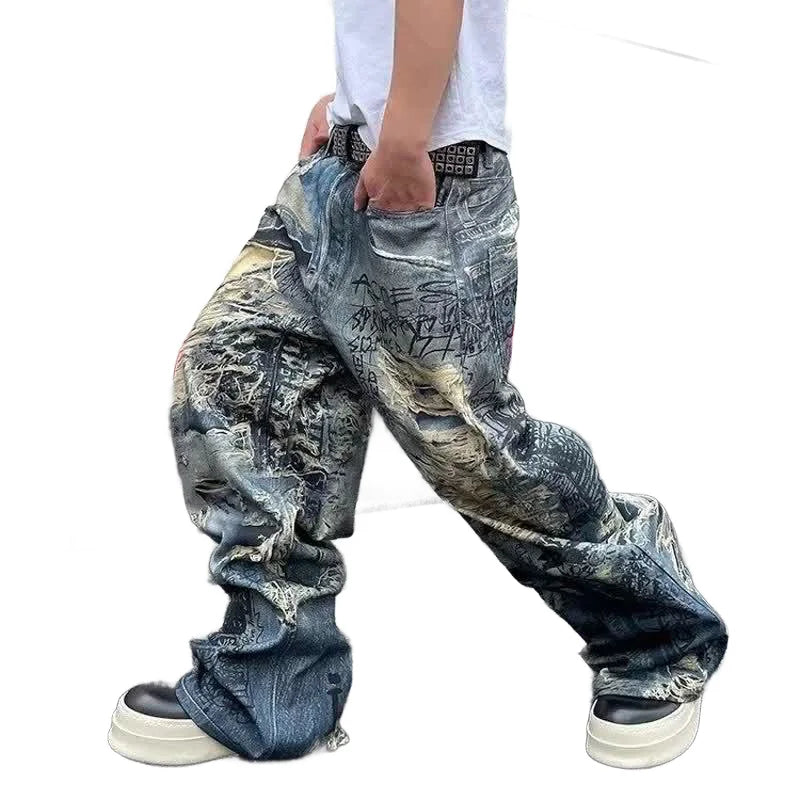 NEW Arrivals S-3XL Plus Size Men's Boys Baggy Jeans Pants Heavy Distressed 3D Digital Print Graffiti  Straight Jeans Wide Leg Denim Pants Evening Rave Music Party Y2K Streetwear Autumn Spring Casual Clothing Supplies