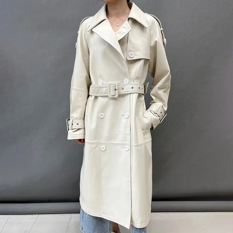 Boutique Gala HOT SALE Dark Brown/White/Black Color Winter Luxury Long Women Genuine Sheep Leather Jacket Women Trench Coat Office Lady Business Evening Party Outerwear Coats Ladies Luxury Apparel Supplies