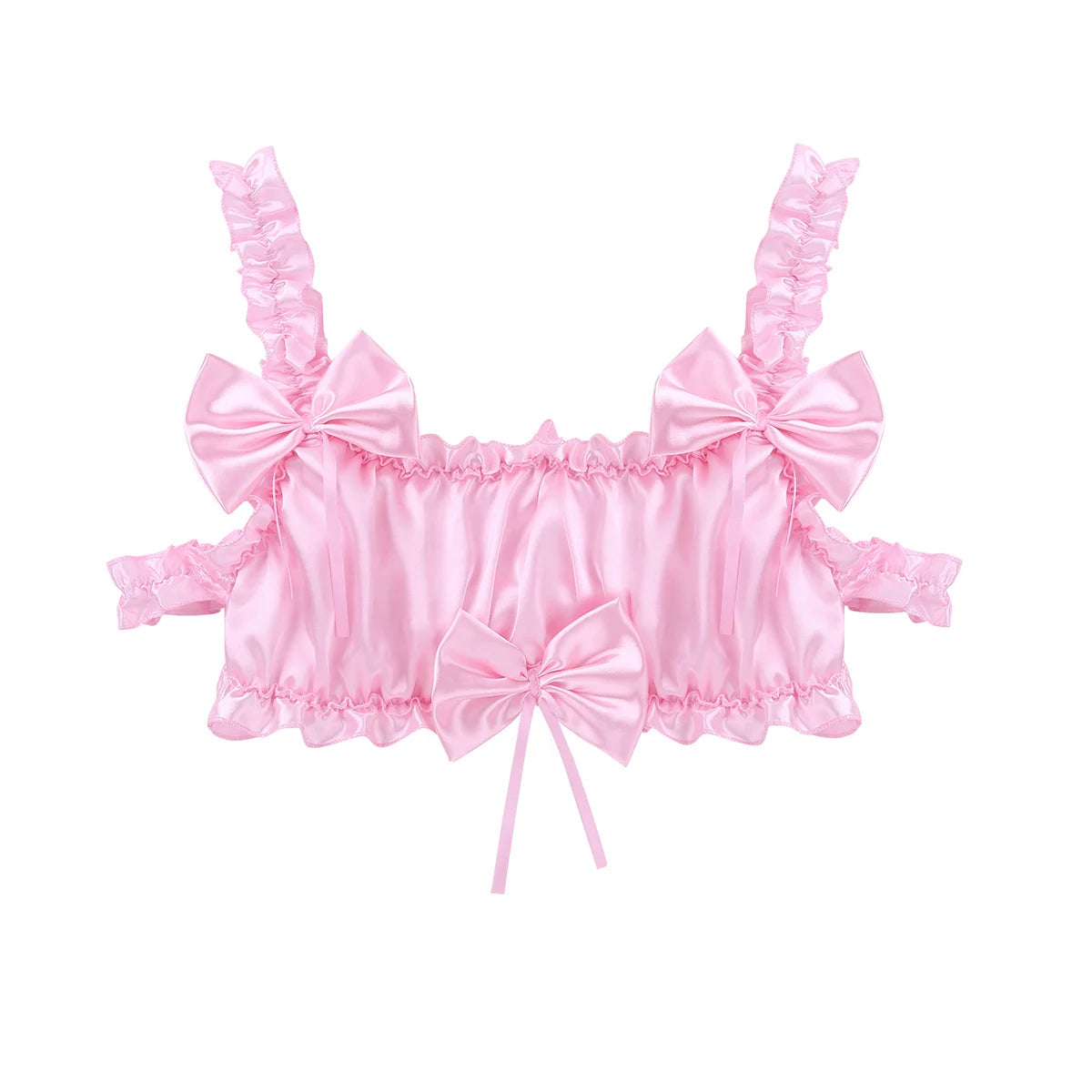 Men's Sissy 2 Pieces Lingerie Set Satin Frilly Ruffled Lace Crop Top Bra Tops with Floral Lace Bowknot Briefs Panties Nightwear