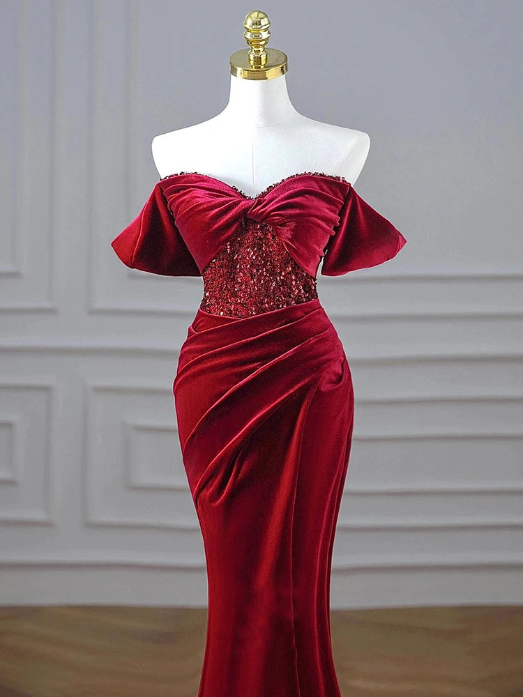 Boutique Gala HOT SALE Satin Maxi Gown Celebrities Red Carpet High Quality Christmas Red Floor Length Pearl Sequin Mermaid Evening Party Dress Off Shoulder Satin Formal Gown Gala Dresses