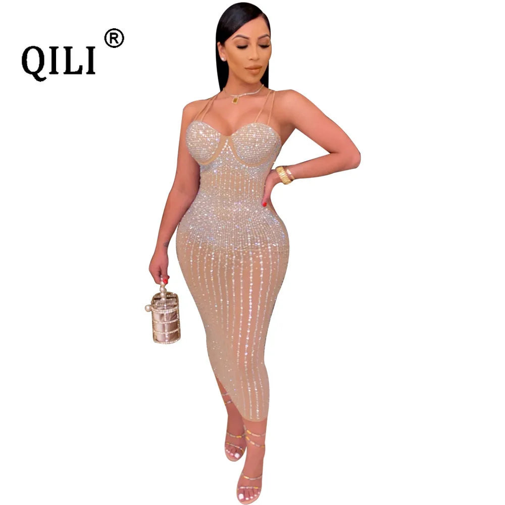 NEW Arrivals S-3XL UK Plus Size Chubby-Women's Sexy Spaghetti Strap Mesh Diamonds Dress, Sleeveless, See Through Rhinestone Dresses,  Evening Party Club Dress, Mid-Calf Ladies Luxury Fashion Apparel Supplies