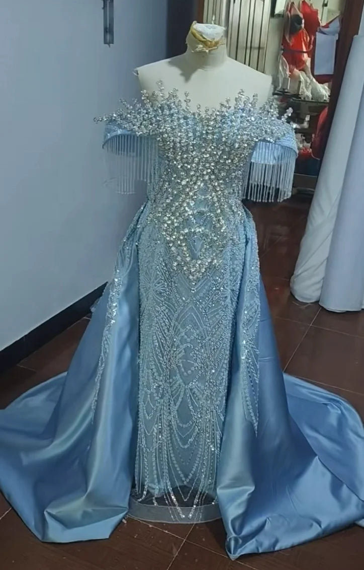 Mother of Bride S-3XL Plus Size Light Blue Satin Mermaid Wedding Dress | Luxury Off-Shoulder Full Sequin Beaded Bridal Gown with Train for Wedding Evening Party Prom Red Carpet Celebrities Luxury Gown