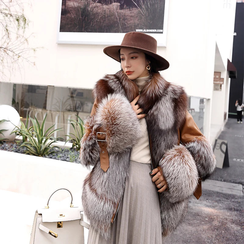 NEW Design  Fashionable Women's Winter Natural Fox Fur Outfit Real Fox Fur Jacket with Authentic Sheep Leather Girls Luxury Apparel Accessories Winter Clothing Supplies