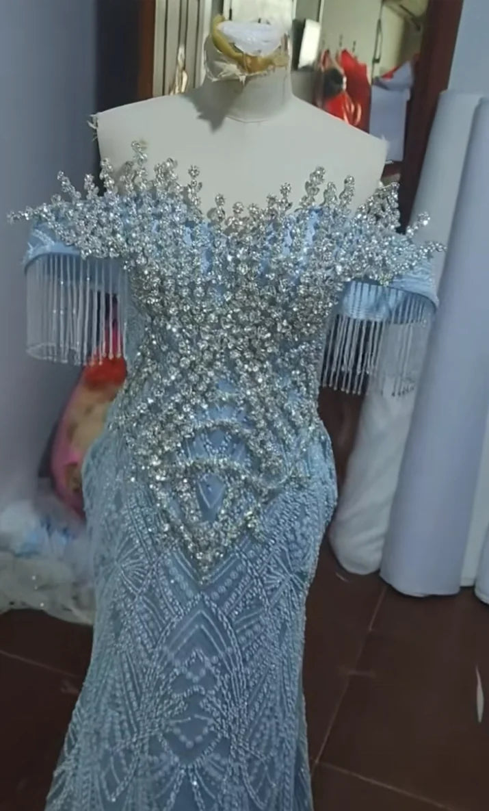 Mother of Bride S-3XL Plus Size Light Blue Satin Mermaid Wedding Dress | Luxury Off-Shoulder Full Sequin Beaded Bridal Gown with Train for Wedding Evening Party Prom Red Carpet Celebrities Luxury Gown